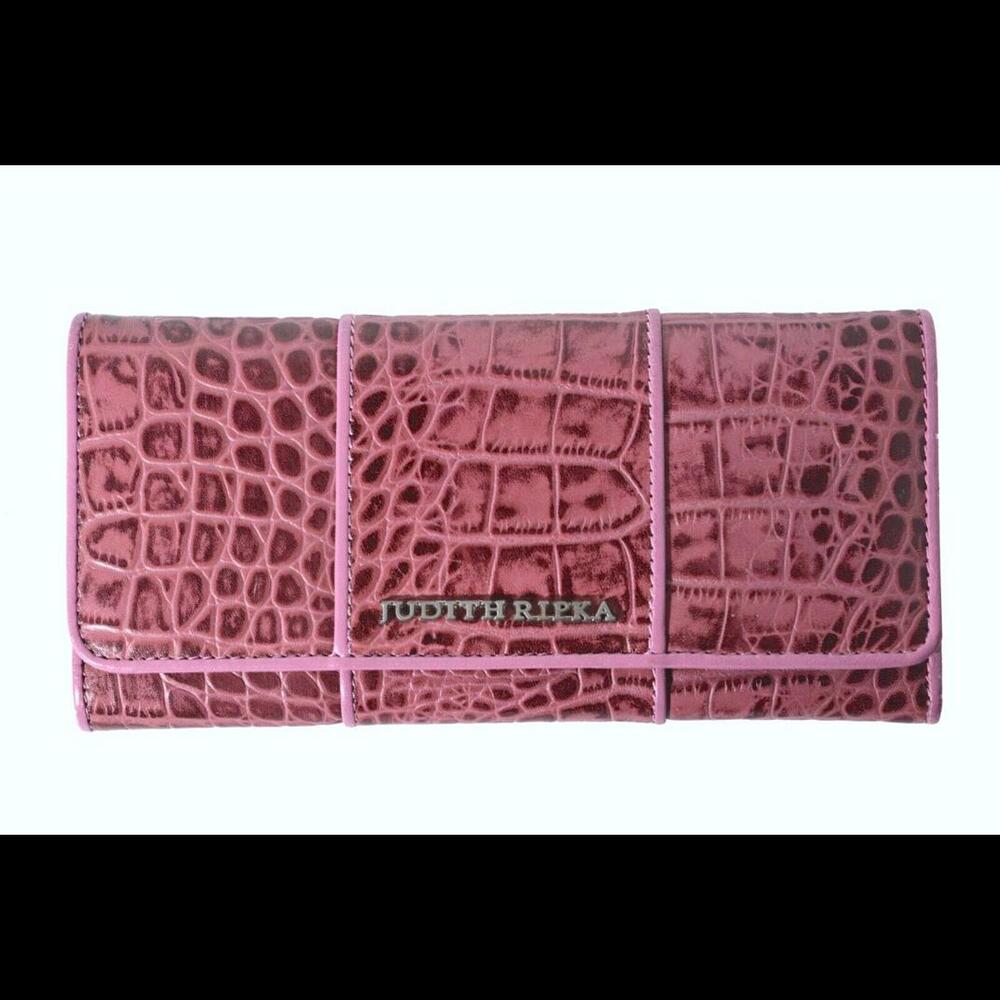 Judith Ripka Wallet Genuine Croco Embossed Leather Flap Clutch Purse Violet